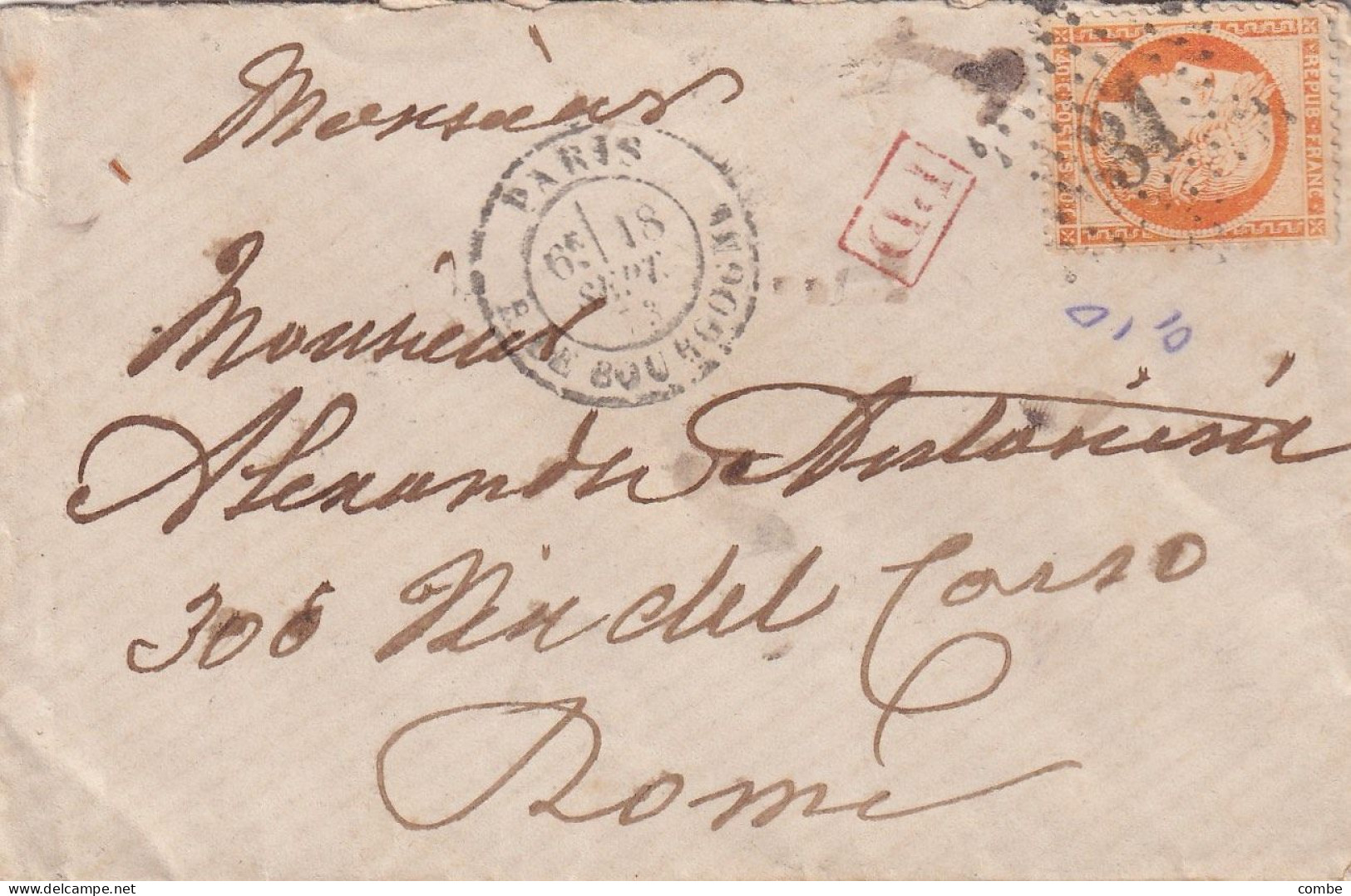 LETTRE. 18 SEPT 1873. N° 38. PARIS. ETOILE 31. R. DE BOURGOGNE. POUR ROME. ITALIE - 1849-1876: Période Classique