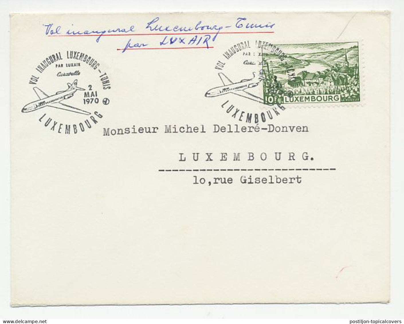 FFC / First Flight Cover Luxembourg 1970 Airplane - Luxembourg - Tunisia - Aerei