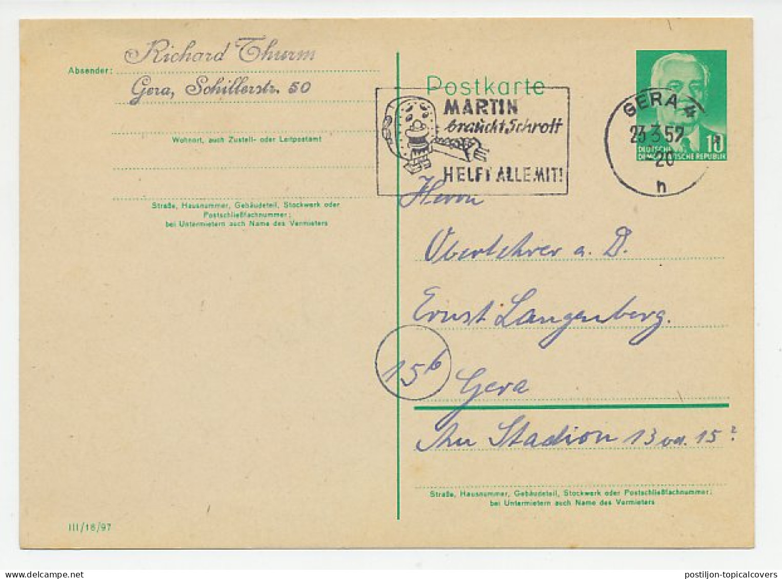 Card / Postmark Germany / DDR 1957 Scrap Metal - Recycling - Protección Del Medio Ambiente Y Del Clima