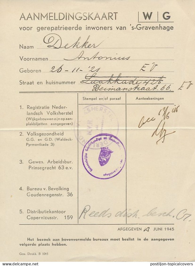 Aanmeldingskaart Gerepatrieerde Inwoners Den Haag 1945 - Ohne Zuordnung