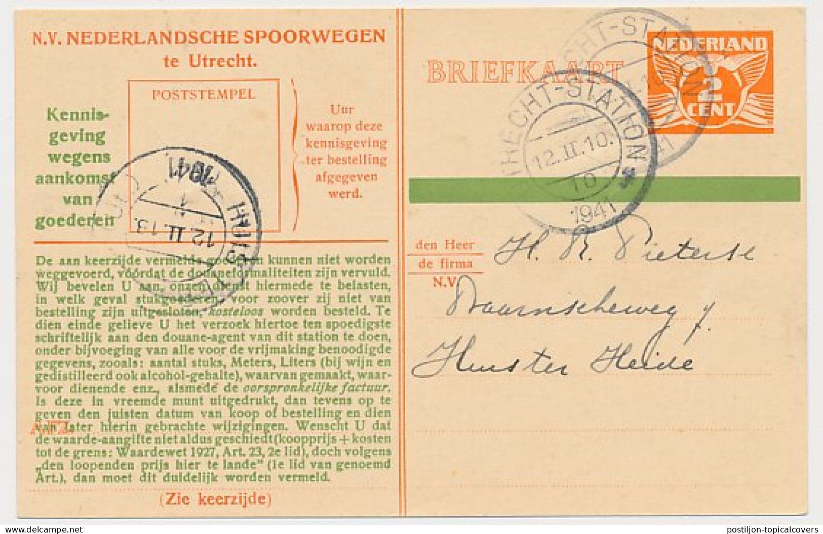 Spoorwegbriefkaart G. NS255 E - Utrecht - Huis Ter Heide 1941 - Postal Stationery