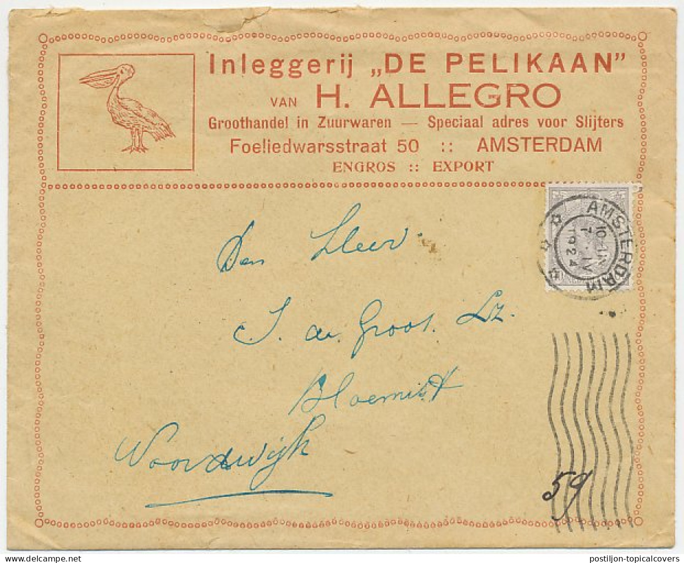 Firma Envelop (inhoud ) Amsterdam 1924 - Inleggerij / Pelikaan - Ohne Zuordnung