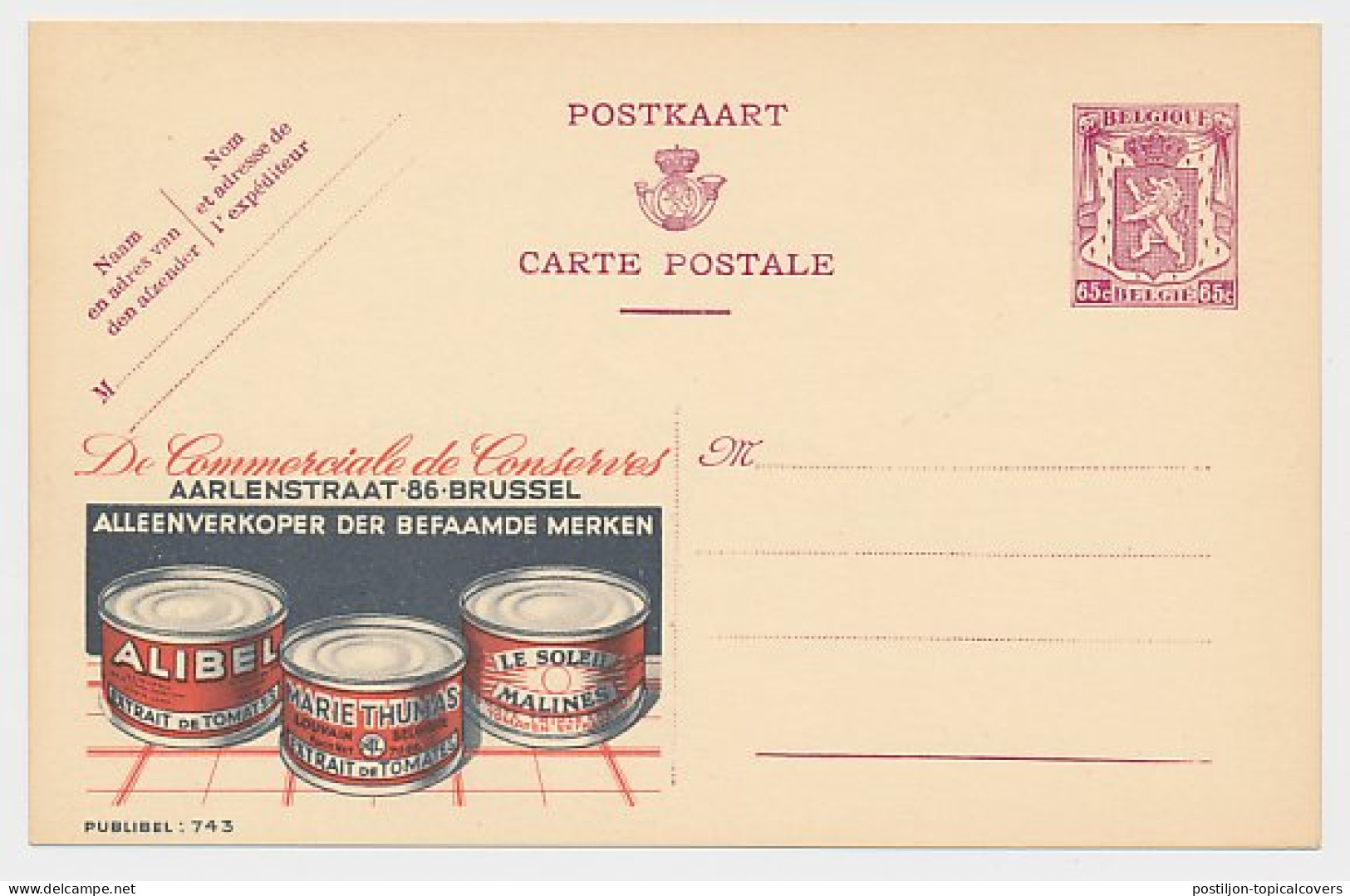 Publibel - Postal Stationery Belgium 1946 Canned Vegetables - Tomato - Vegetables