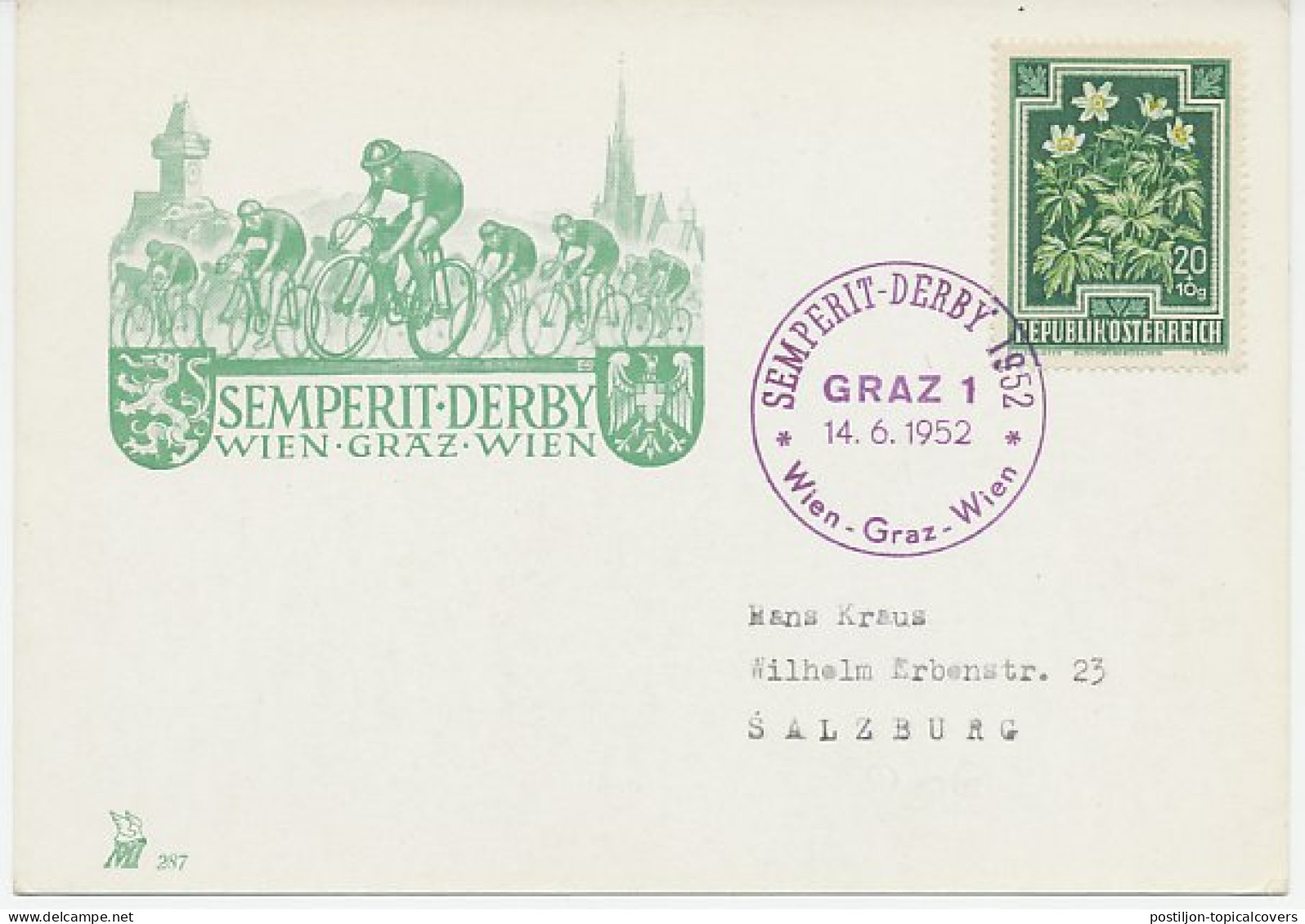 Card / Postmark Austria 1952 Cycle Race - Semperit Derby - Autres & Non Classés