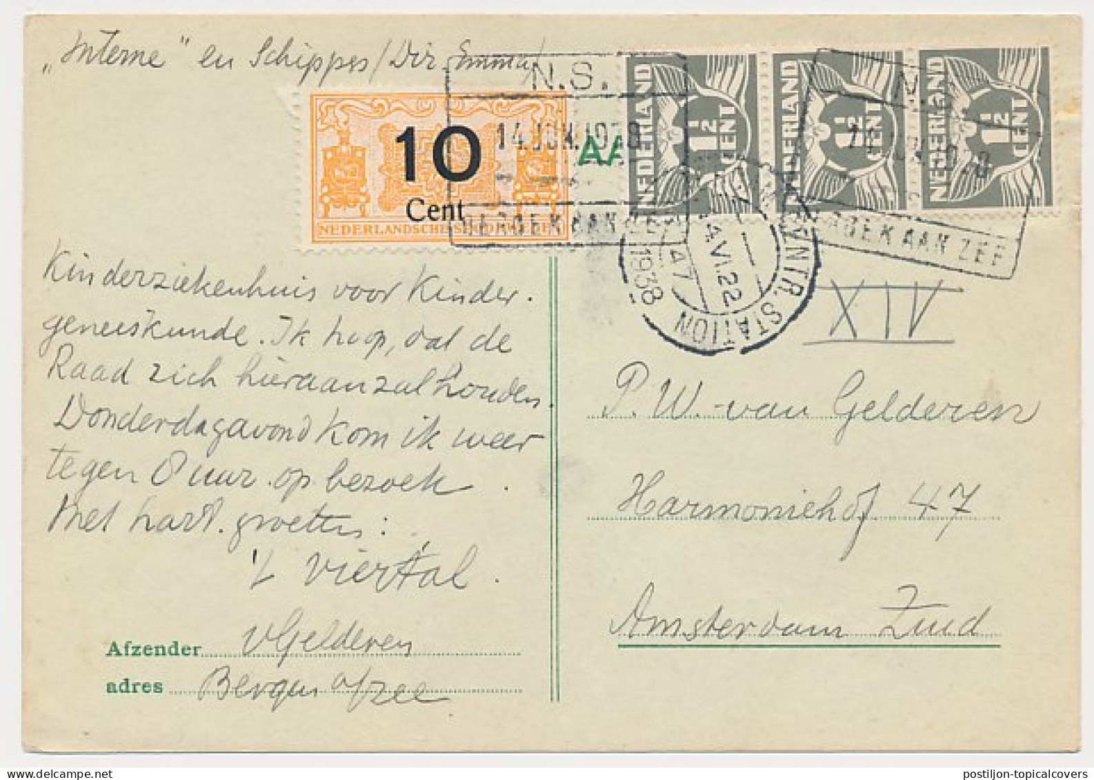 Spoorweg Poststuk Bergen Aan Zee - Amsterdam 1938 - Sin Clasificación