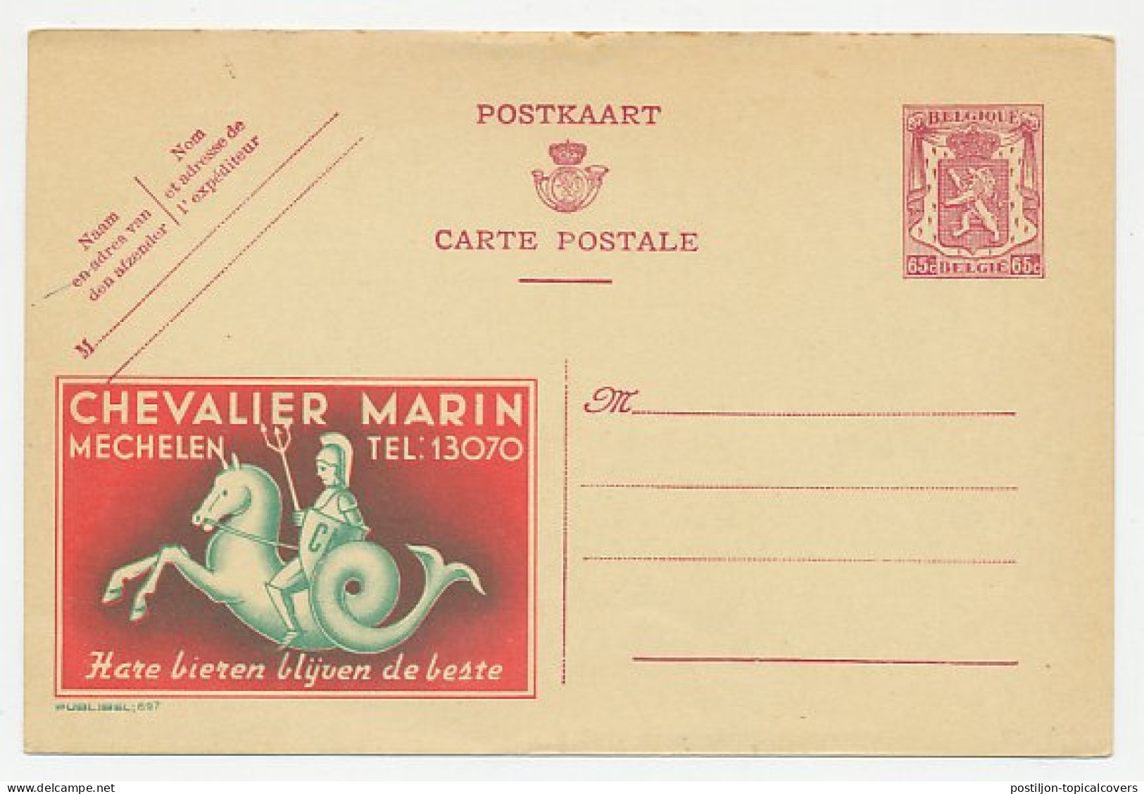 Publibel - Postal Stationery Belgium 1946 Horsefish - Chevalier Marin - Beer - Mythology