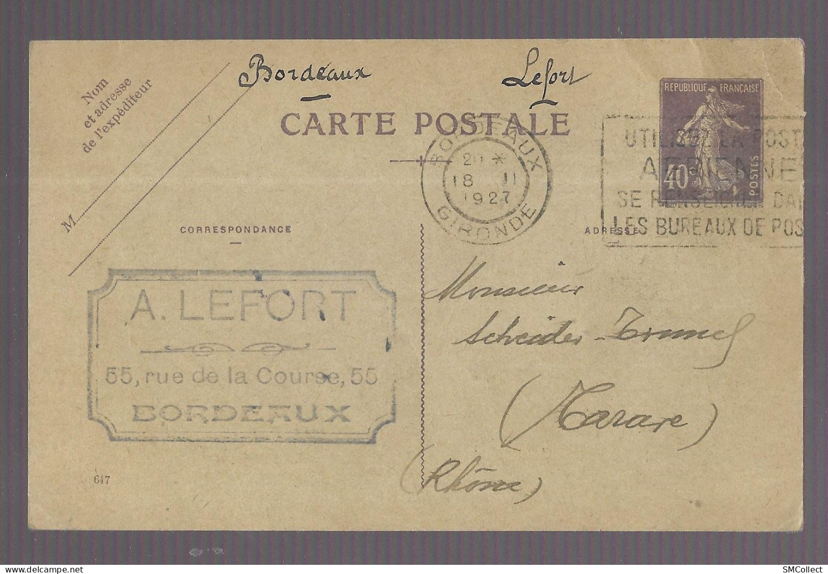 Cachet A. Lefort Sur Entier Postal 40 Centimes Semeuse Violet Voyagé En Novembre 1927 Vers Tarare (13586) - Bordeaux