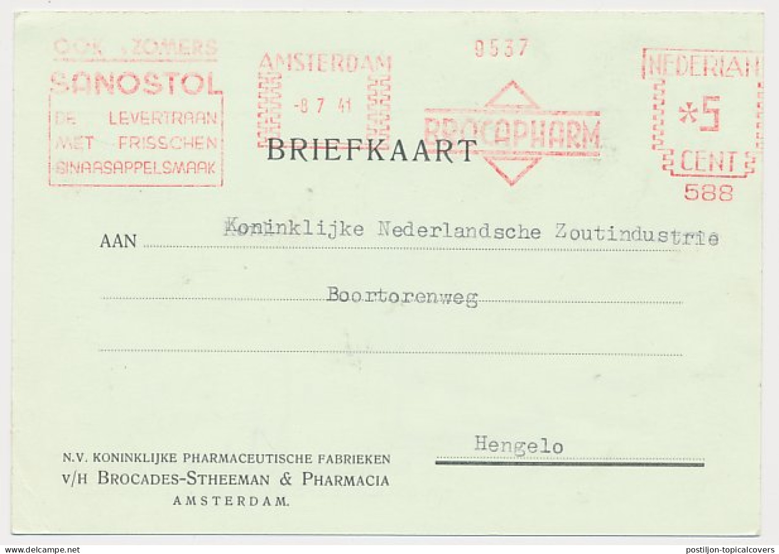 Meter Card Netherlands 1941 Cod Liver Oil - Sanostol - With Orange Flavor - Amsterdam - Pharmacy