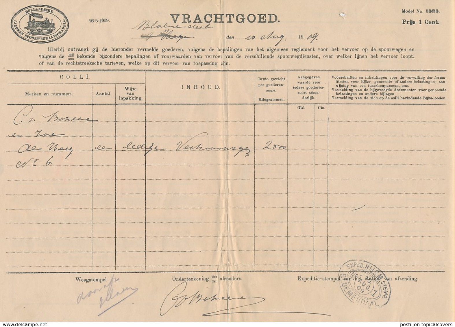 Vrachtbrief H.IJ.S.M. Bloemendaal - Den Haag 1909 - Ohne Zuordnung