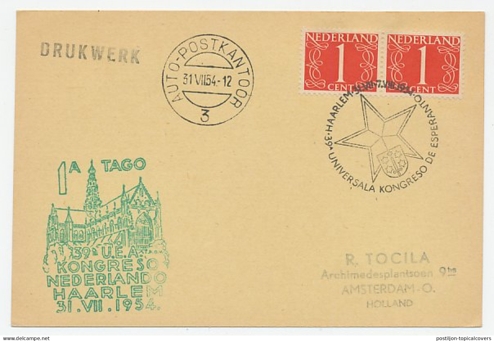 Card / Postmark Netherlands 1954 Esperanto Congress Haarlem - Esperanto