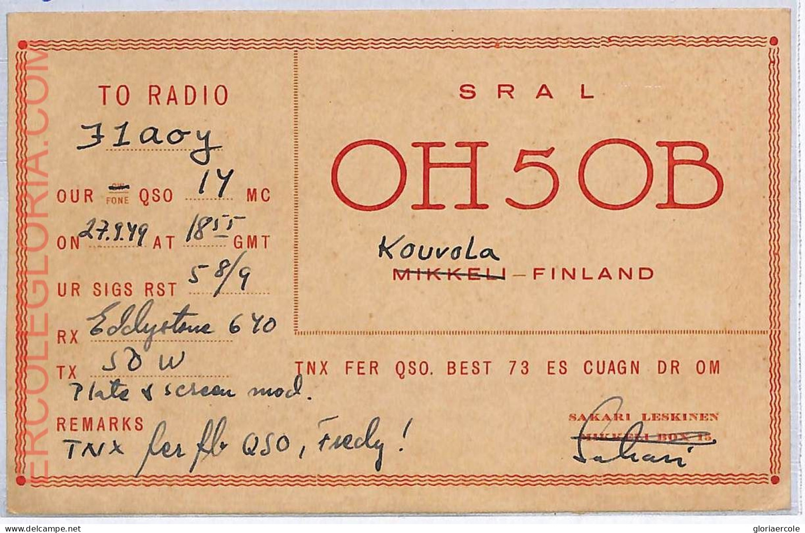 Ad9048 - FINLAND - RADIO FREQUENCY CARD   - 1949 - Radio