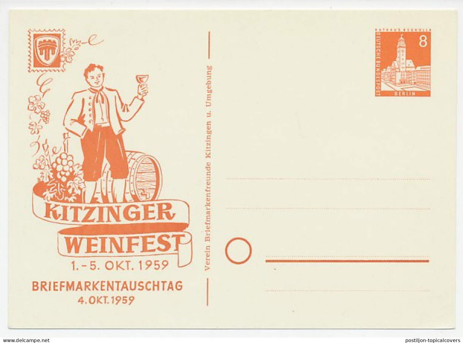 Postal Stationery Germany 1959 Wine Festival - Kitzingen - Wines & Alcohols