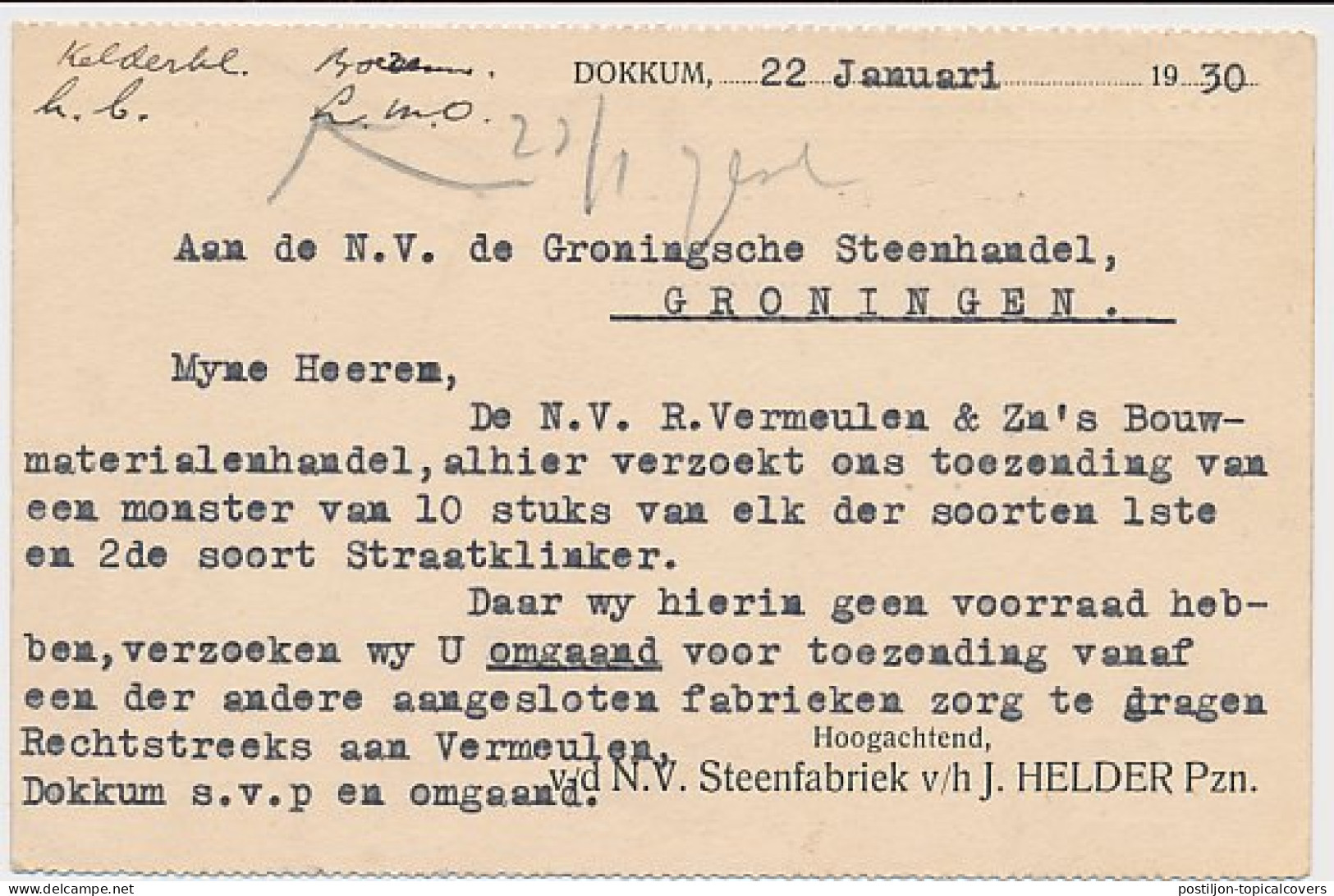 Treinblokstempel : Harlingen - Groningen C 1930 ( Dokkum ) - Ohne Zuordnung