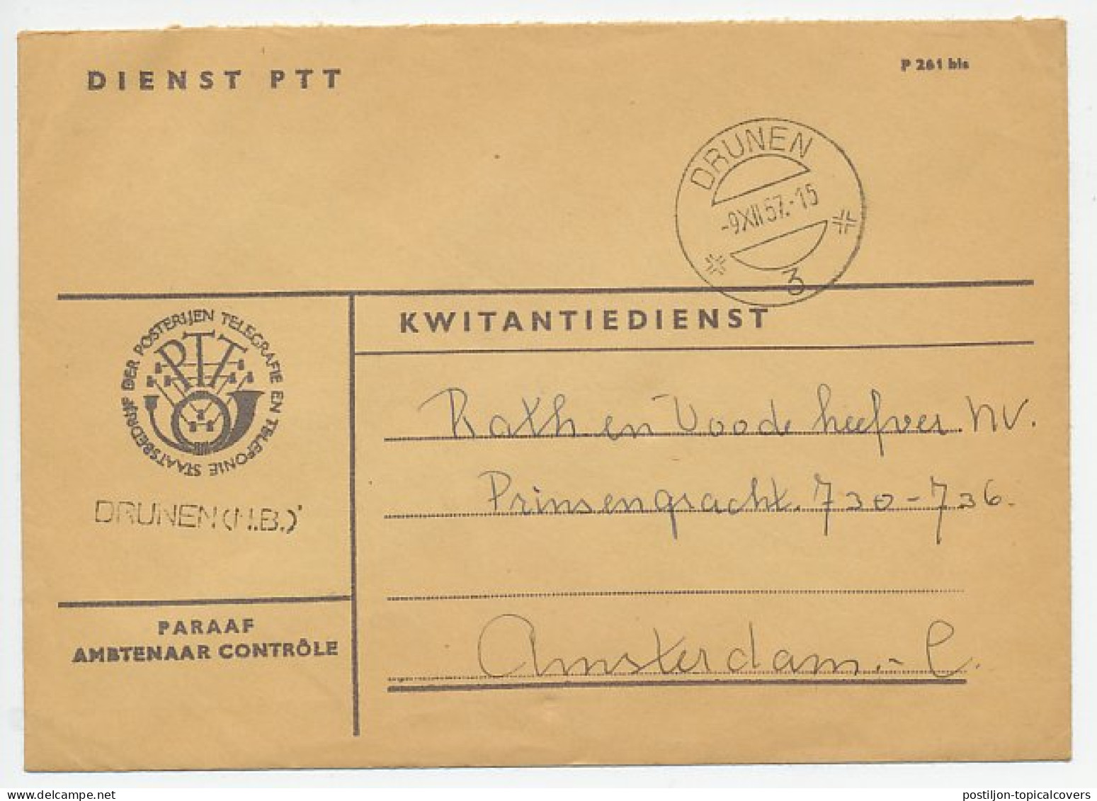 Dienst PTT Drunen - Amsterdam 1957 - Kwitantiedienst - Non Classés