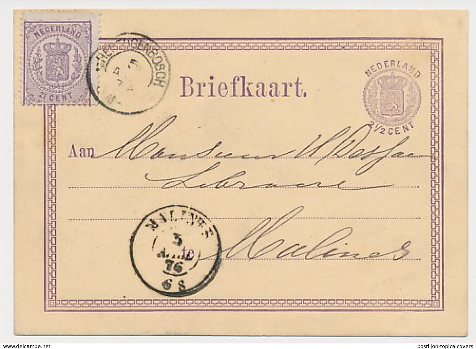 Briefkaart G. 7 Z-2 / Bijfrank. Em. 1869 S Hertogenbosch 1876 - Ganzsachen
