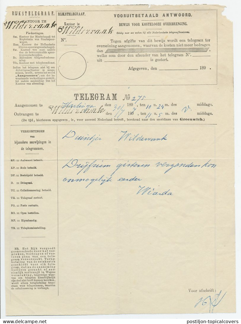 Telegram Harlingen - Wildervank 1897 - Unclassified