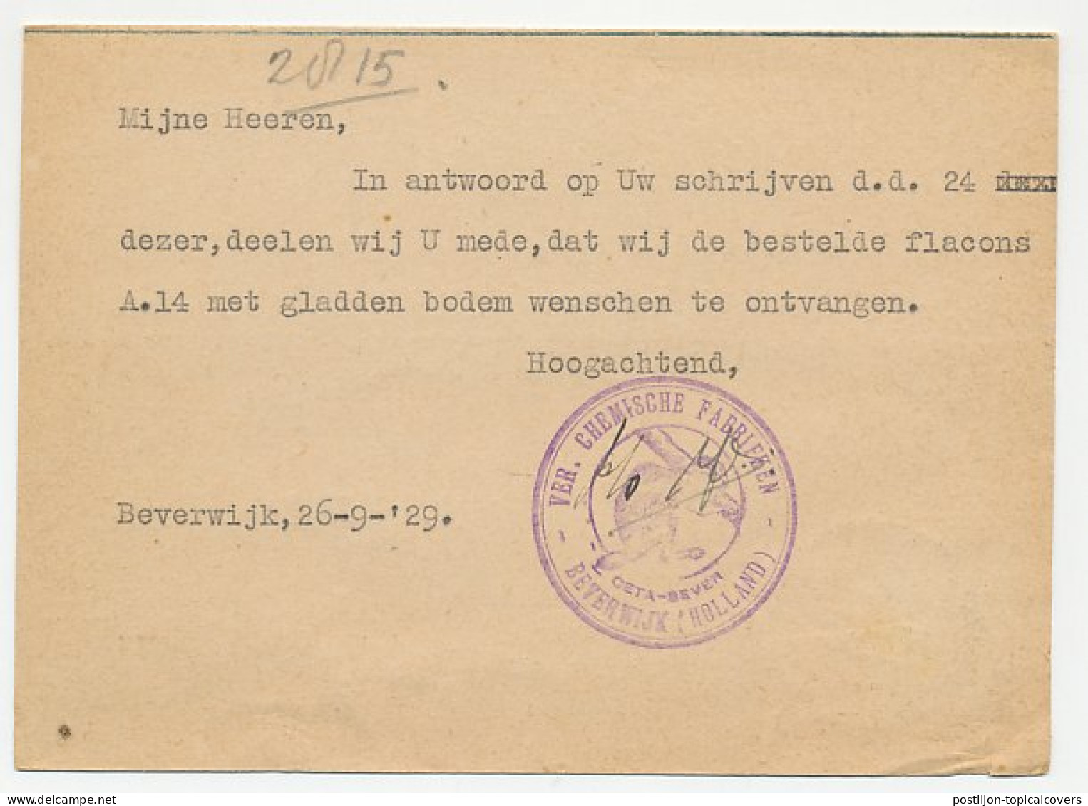 Firma Briefkaart Beverwijk 1929 - Bever / Chemische Fabriek - Unclassified