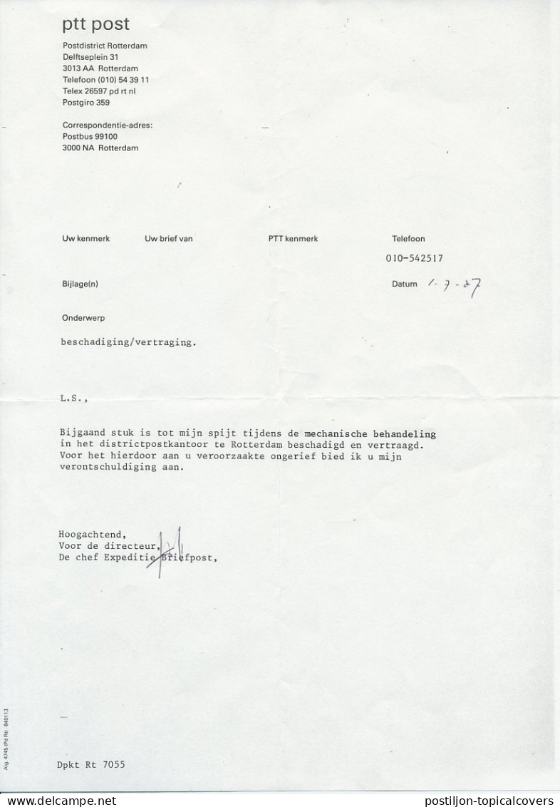 Door Verwerking Beschadigd R.dam 1988 - Inclusief Verklaring PTT - Unclassified