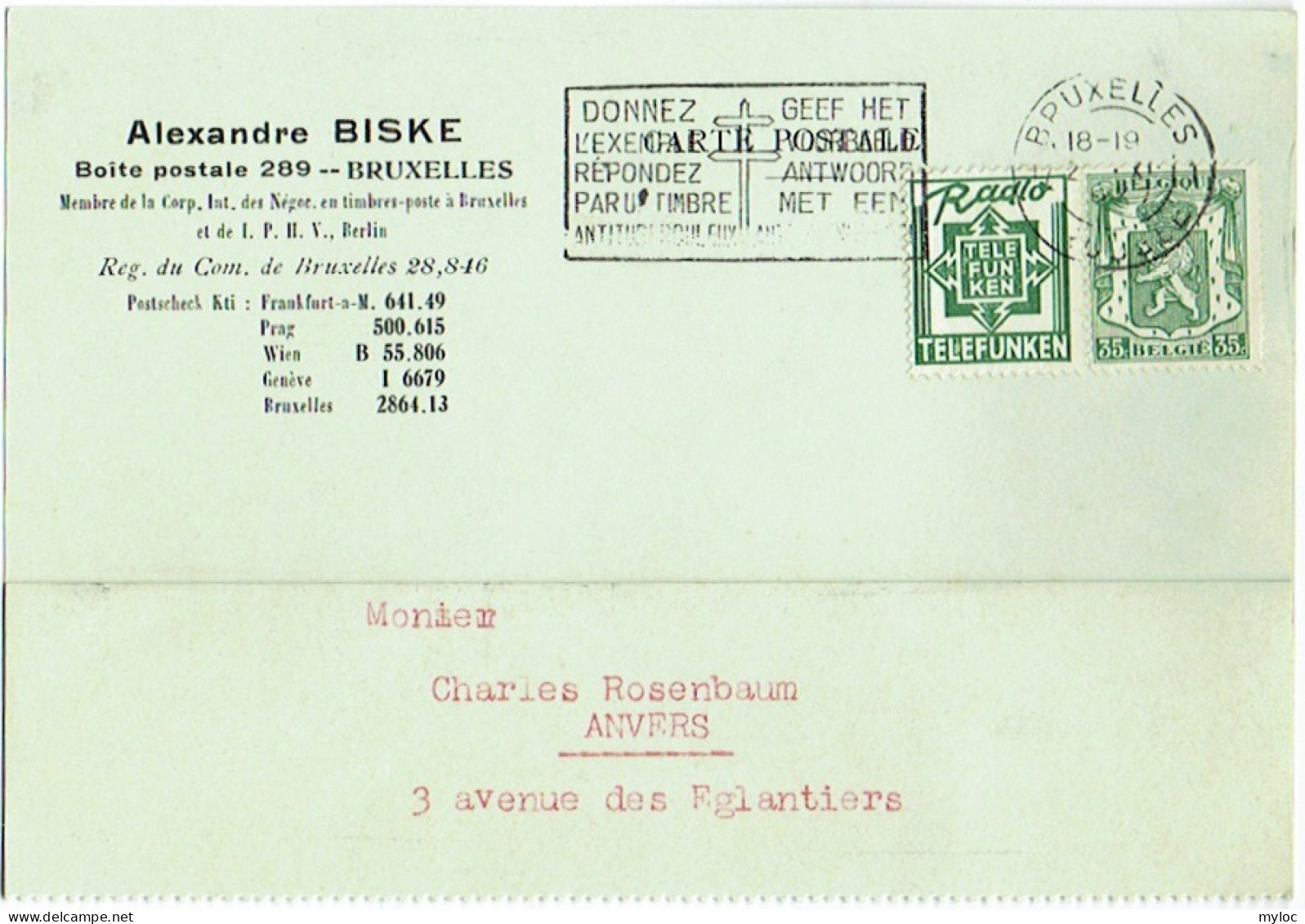 Carte Postale. Alexandre BISKE, Bruxelles. Timbre Publicité TELEFUNKEN. 1937. - Cartas & Documentos