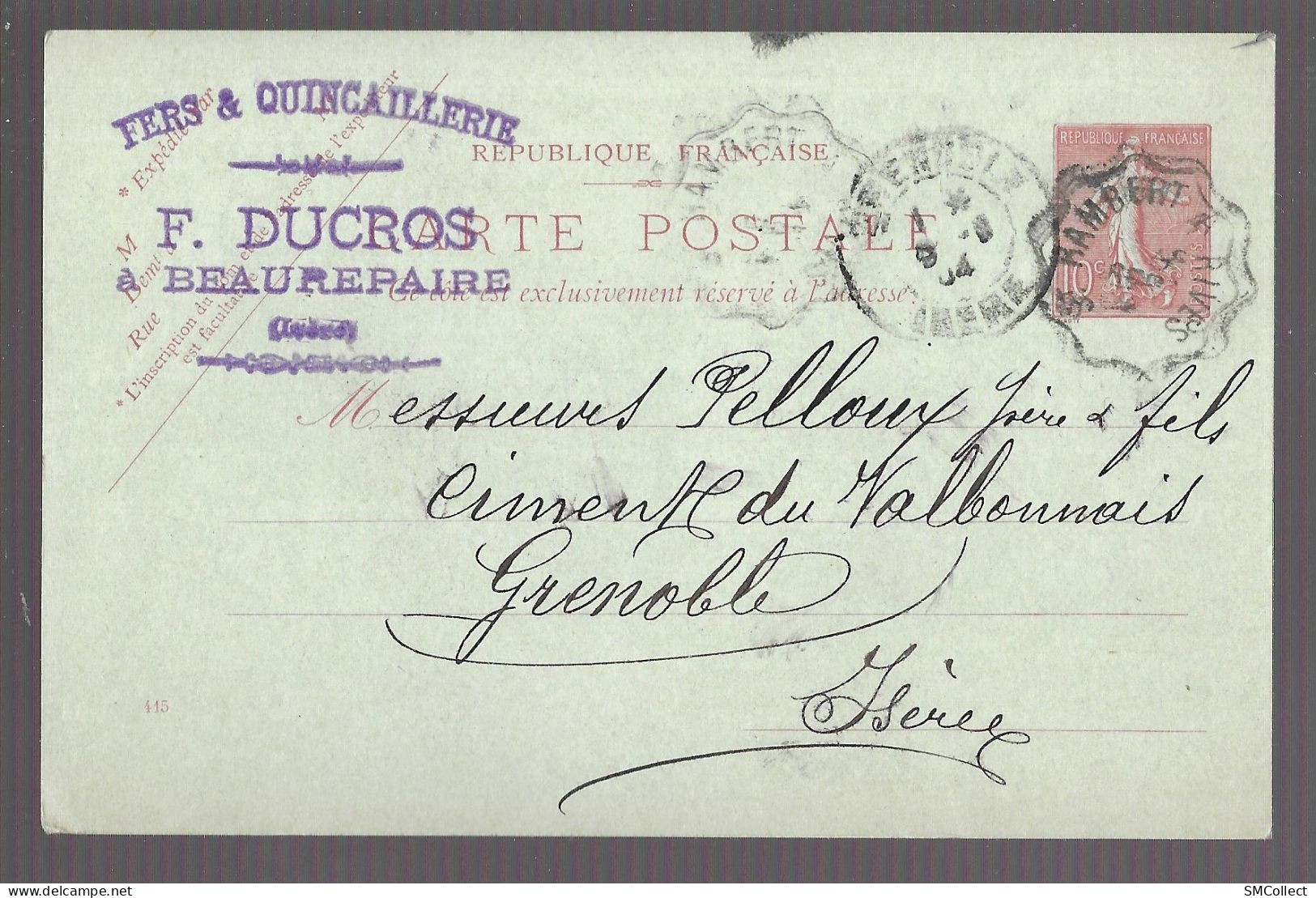 Cachet F. Ducros Sur Entier Postal 10 Centimes Semeuse Voyagé En Septembre 1904 Vers Grenoble (13587) - Beaurepaire