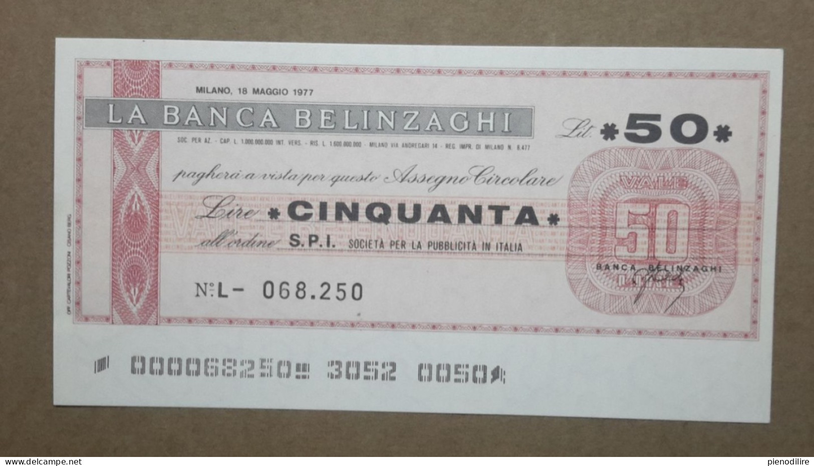 BANCA BELINZAGHI, 50 LIRE 18.05.1977 S.P.I. MILANO (A1.81) - [10] Cheques Y Mini-cheques