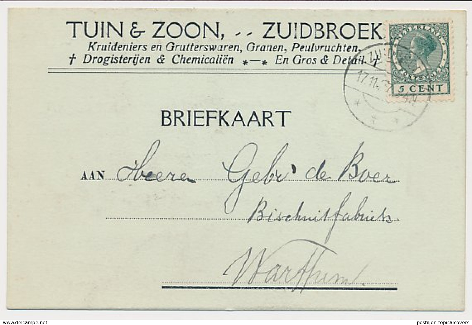 Firma Briefkaart Zuidbroek 1927 - Kruidenier - Drogisterij Etc. - Non Classés