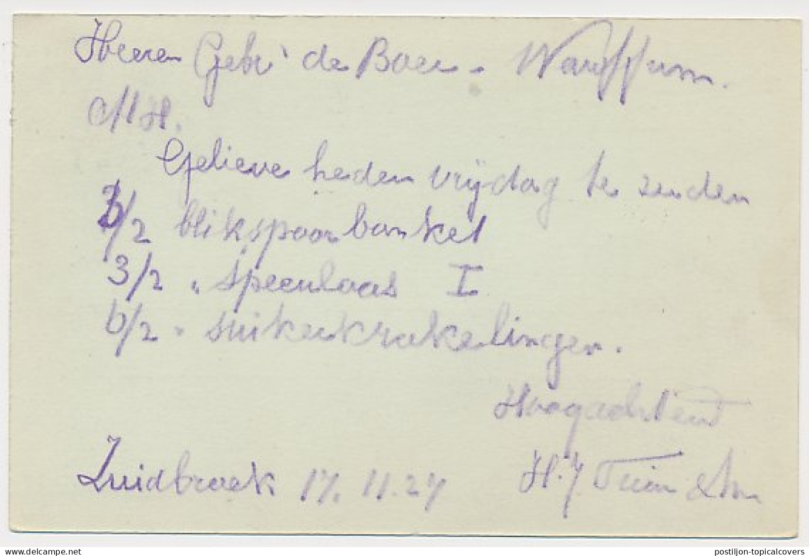 Firma Briefkaart Zuidbroek 1927 - Kruidenier - Drogisterij Etc. - Non Classés