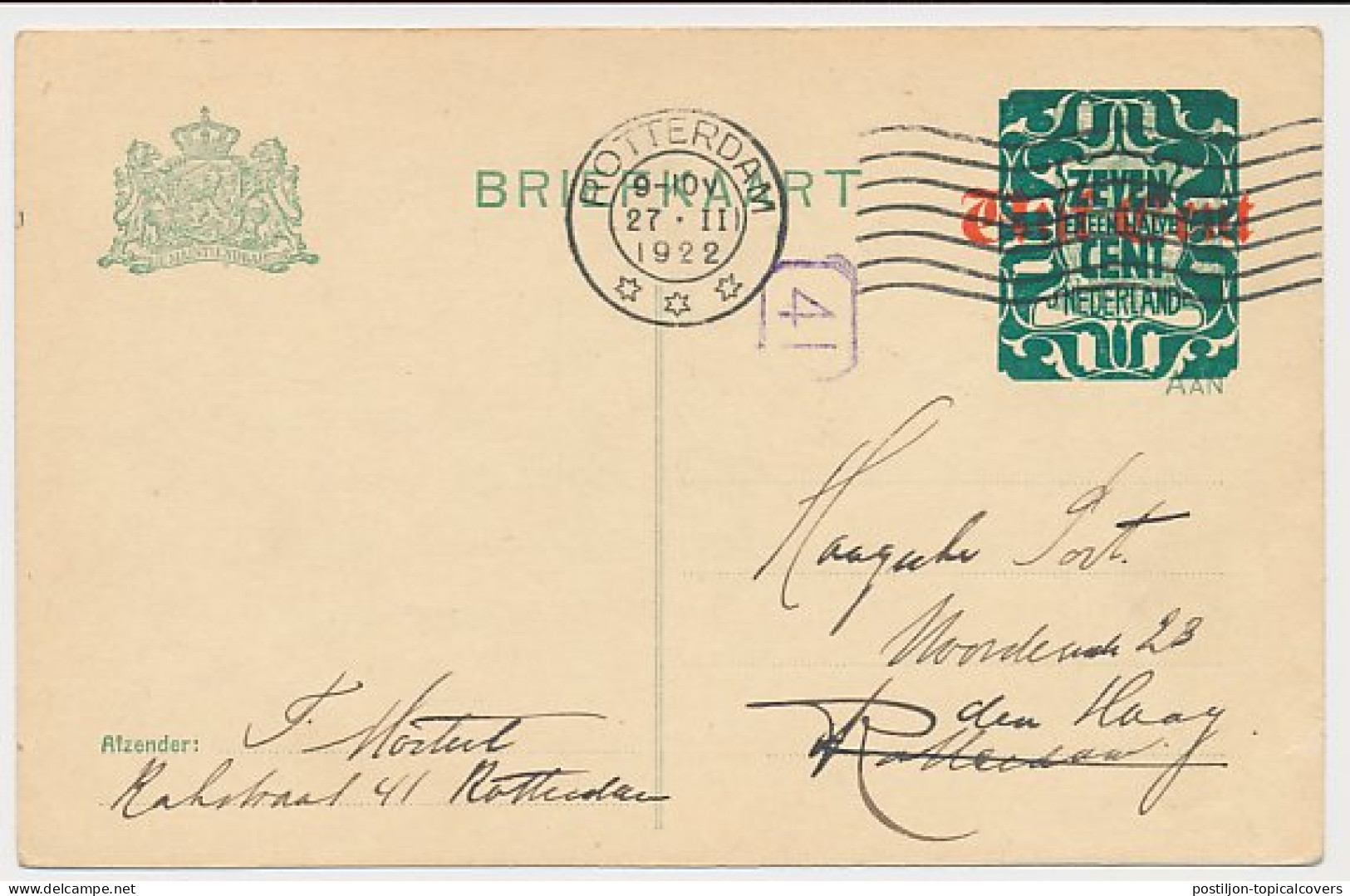 Briefkaart G. 183 I Rotterdam -doorgezonden S Gravenhage 1922 - Ganzsachen