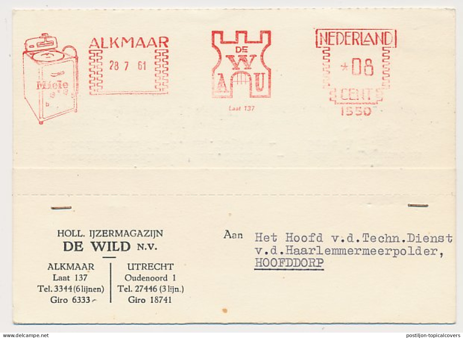 Meter Card Netherlands 1961 Washing Machine - Miele - Alkmaar - Ohne Zuordnung