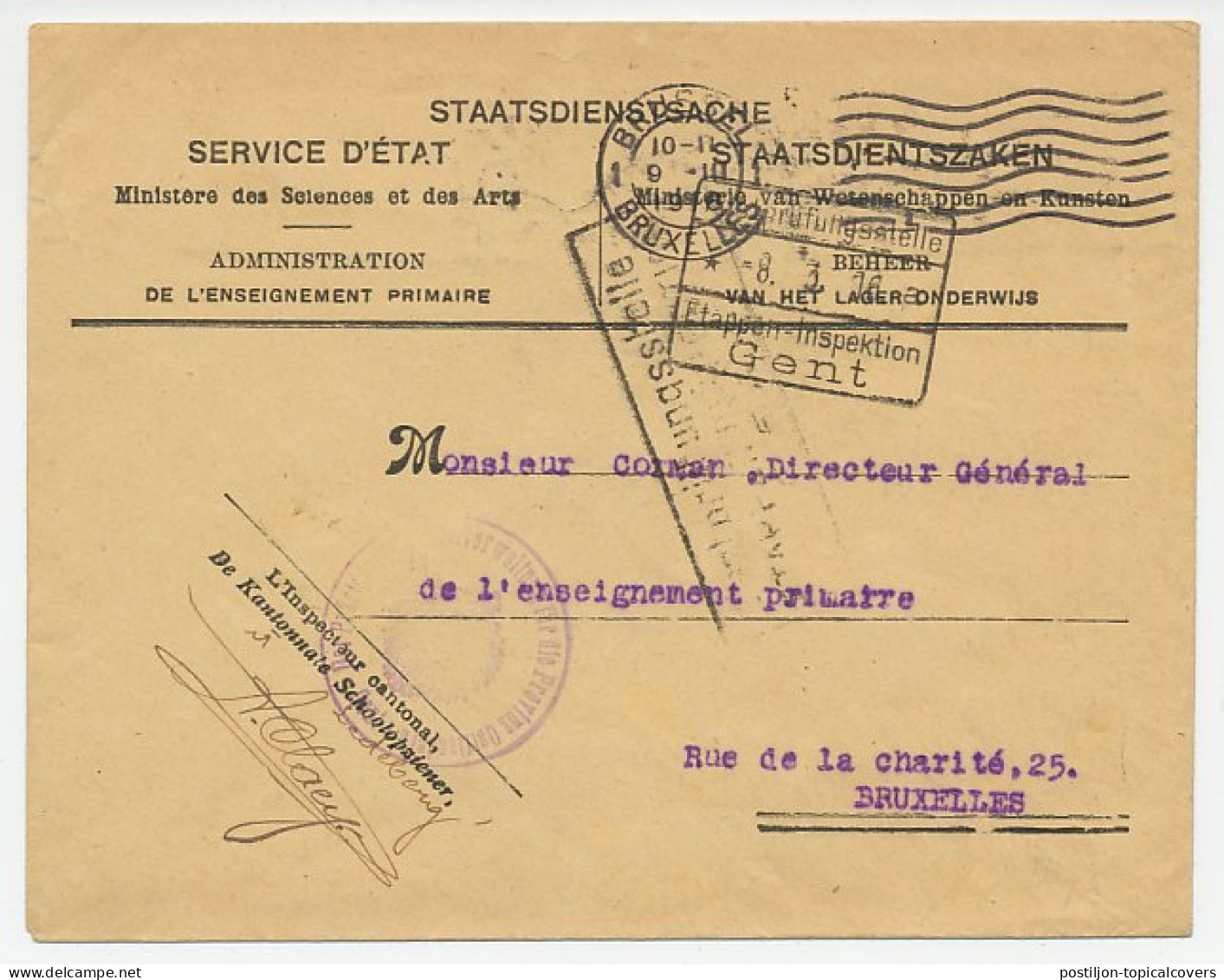 Service Cover Belgium 1916 Ministry Of Science And Art - Censored - WWI - Other & Unclassified