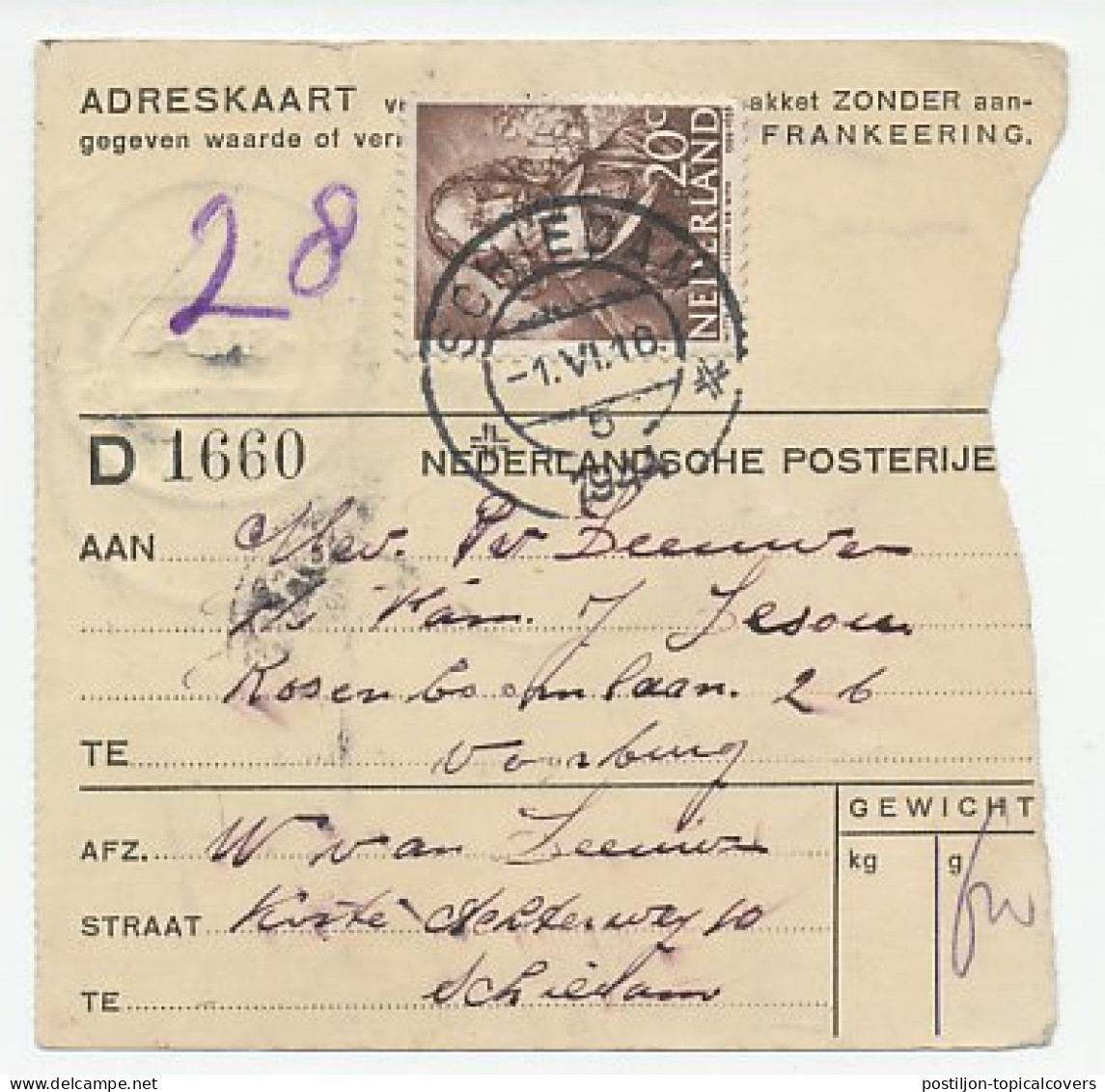 Em. Zeehelden 1943 Adreskaart / Pakketkaart Binnenland Schiedam - Ohne Zuordnung