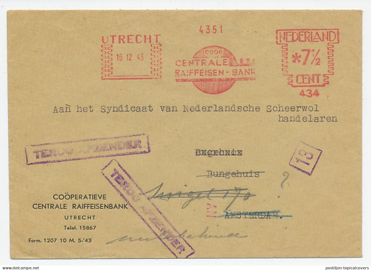 Utrecht - Amsterdam 1943 - Adres Onbekend - Terug Afzender - Unclassified