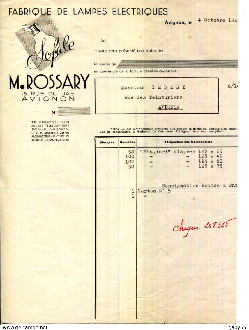 FACTURE.84.VAUCLUSE.AVIGNON.FABRIQUE DE LAMPES ELECTRIQUES " SOFALE " M.ROSSARY 15 RUE DU JAS. - Elektriciteit En Gas