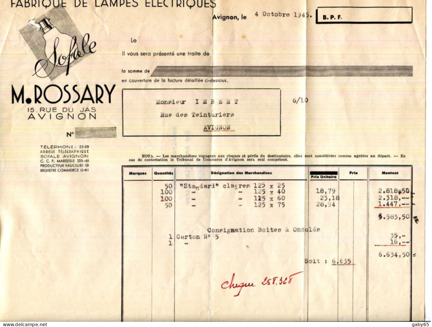 FACTURE.84.VAUCLUSE.AVIGNON.FABRIQUE DE LAMPES ELECTRIQUES " SOFALE " M.ROSSARY 15 RUE DU JAS. - Elettricità & Gas