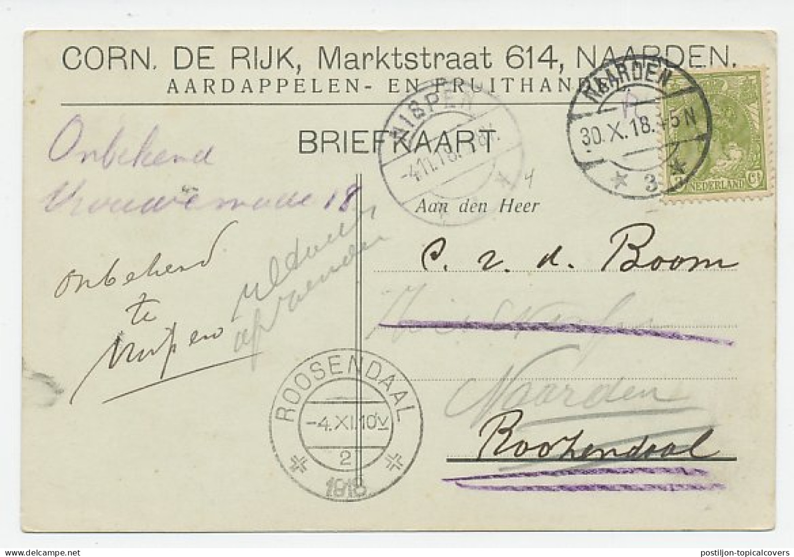 Naarden - Roosendaal - Nispen 1918 - Zwerfpost - Non Classés