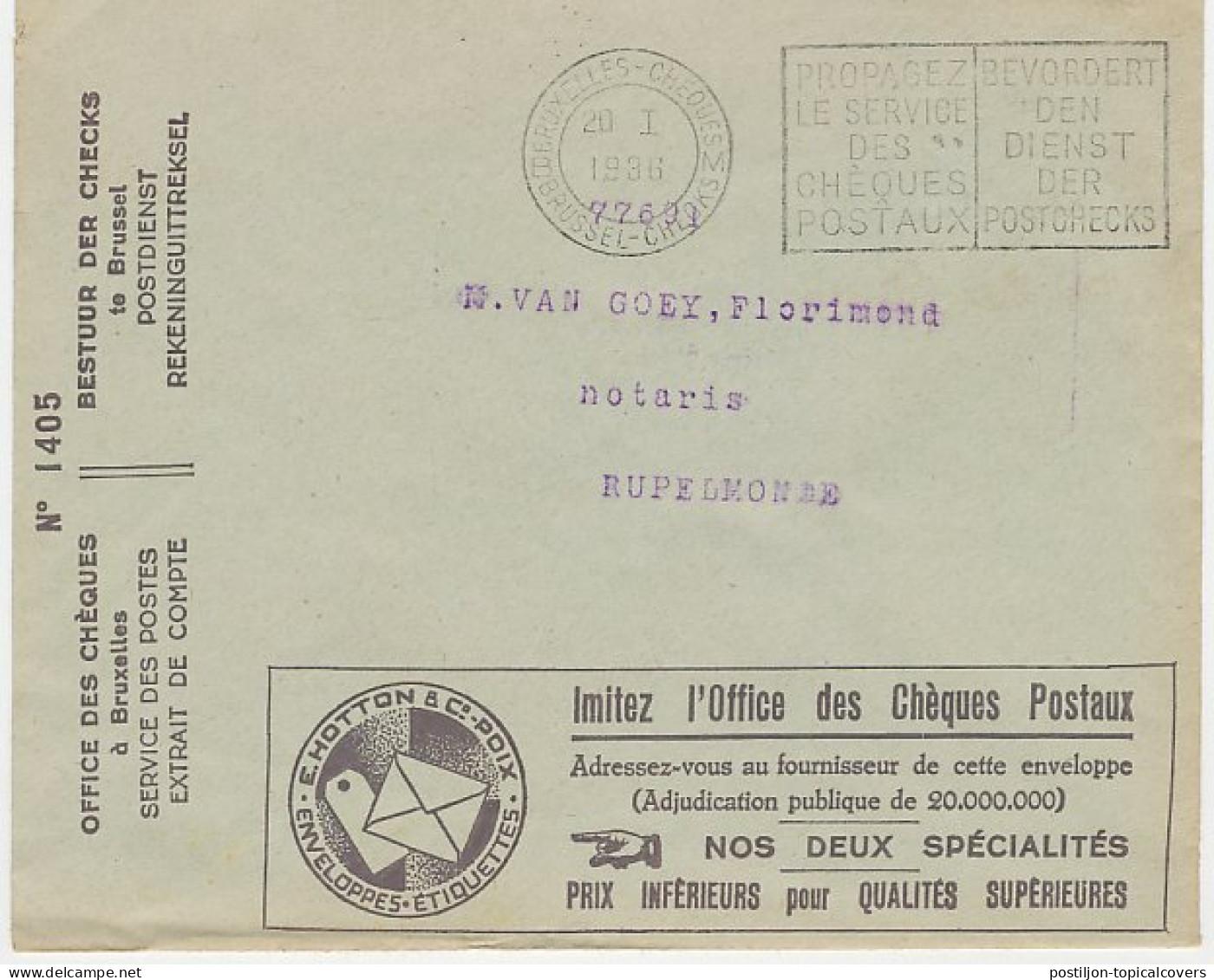Postal Cheque Cover Belgium 1936 Envelopes - Labels - Unclassified