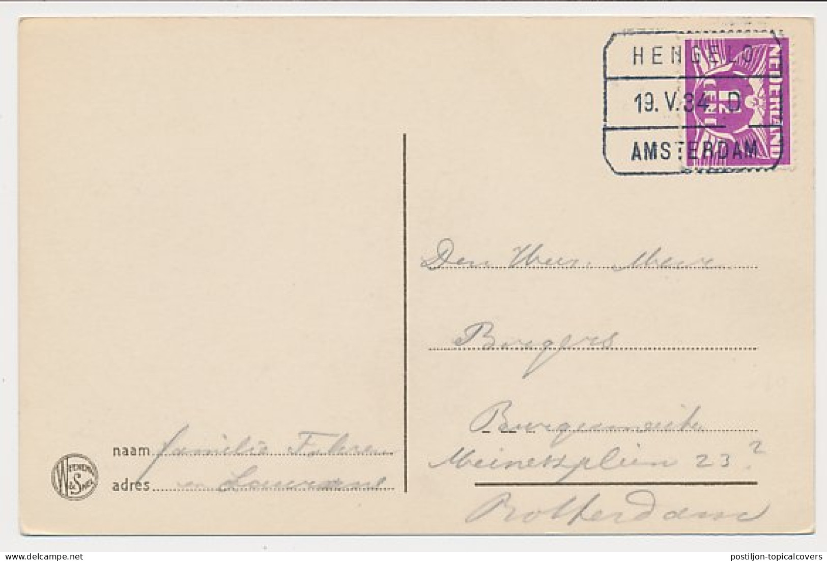 Treinblokstempel : Hengelo - Amsterdam D 1934 - Unclassified