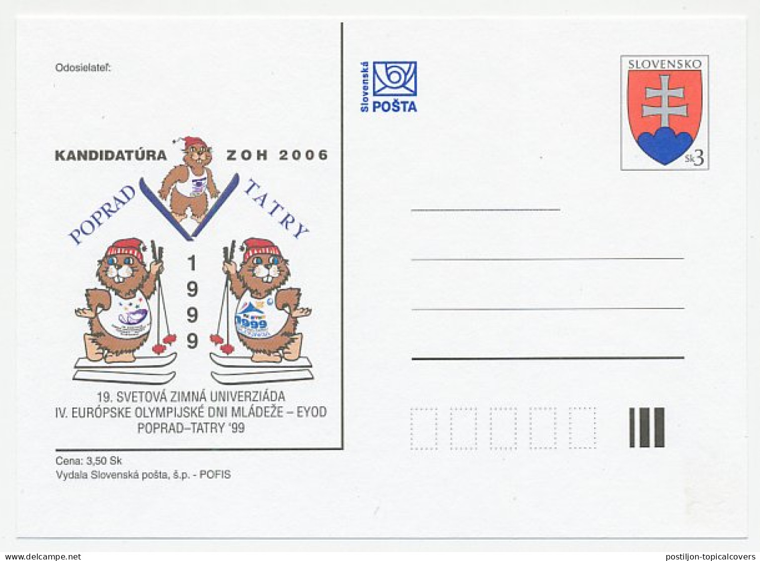 Postal Stationery Slovakia 1999 Nomination 2006 Winter Olympics - Inverno