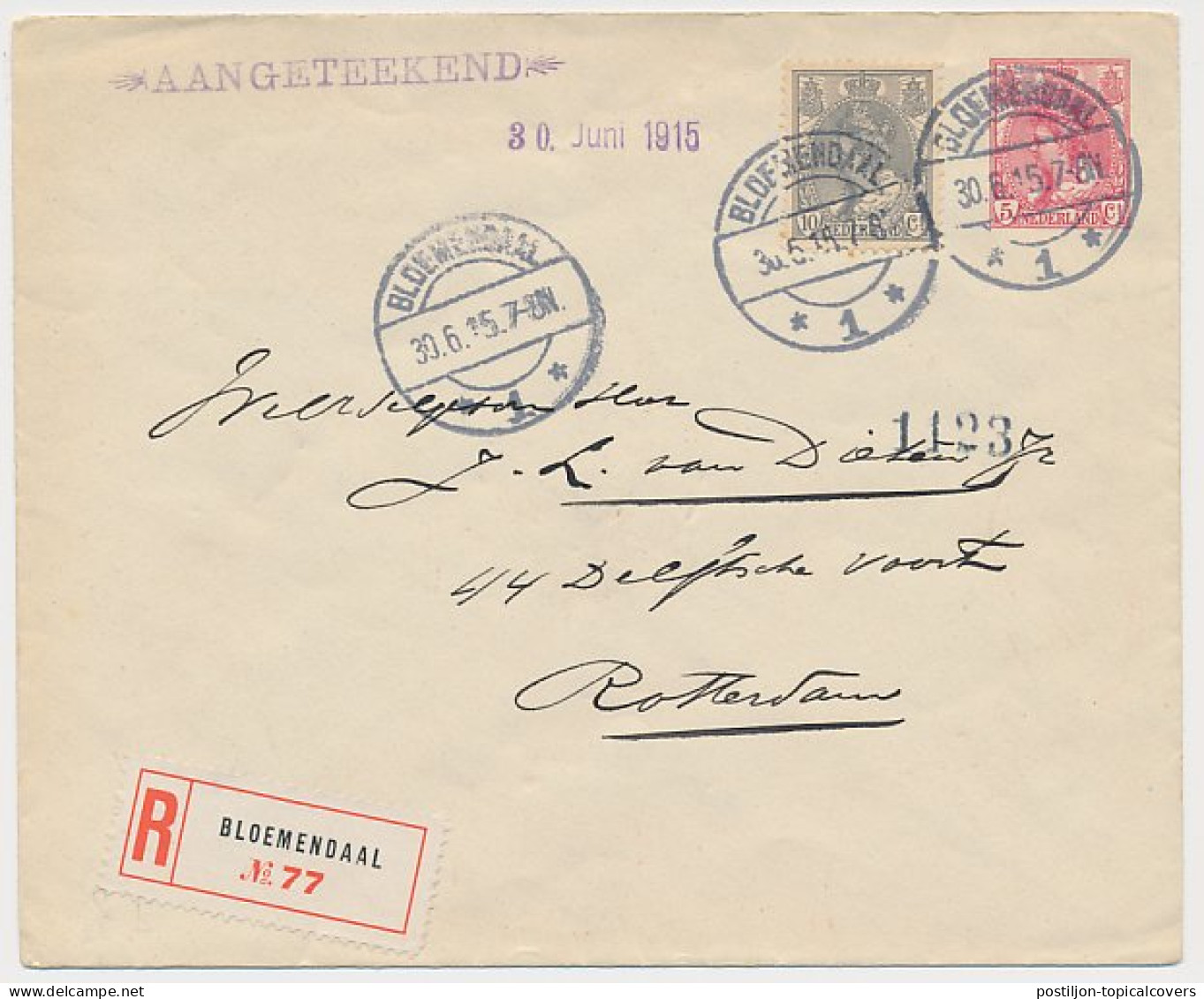 Envelop G. 18 B / Bijfr. Aangetekend Bloemendaal - Rotterdam 19 - Postal Stationery