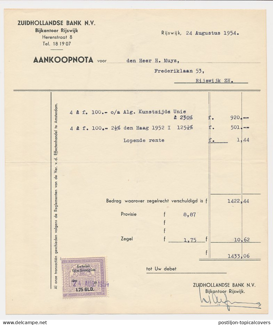 Beursbelasting 1.75 GLD. Den 19.. - Rijswijk 1954 - Fiscali
