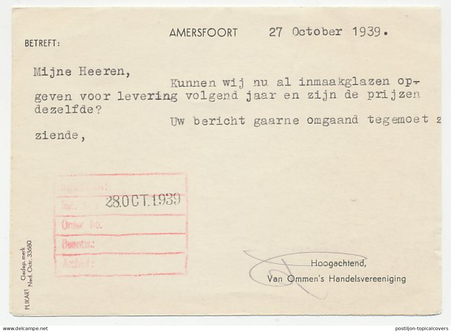 Firma Briefkaart Amersfoort 1939 - Handelsvereniging  - Non Classés
