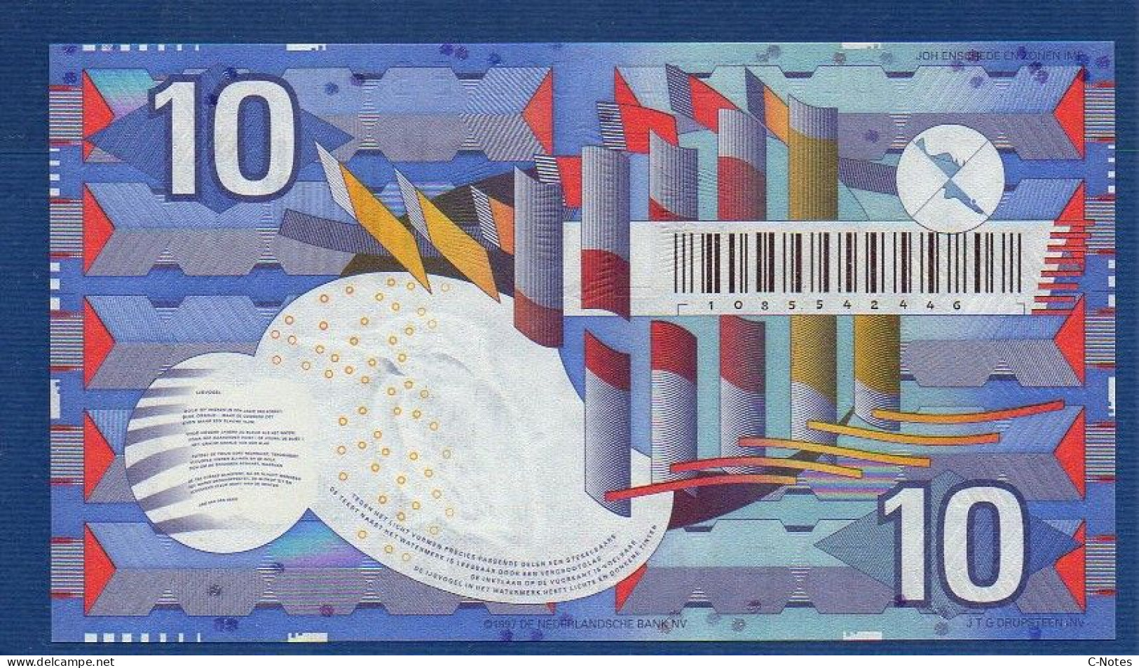 NETHERLANDS  - P.99 – 10 Gulden 1997 UNC,  S/n 1085542446 - 10 Florín Holandés (gulden)