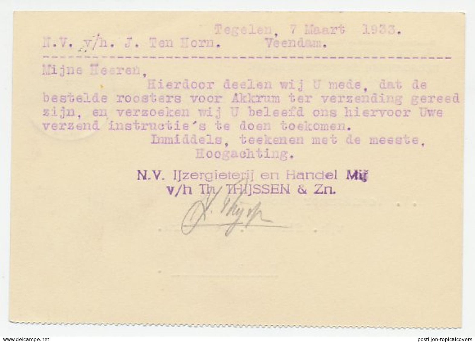 Firma Briefkaart Tegelen 1933 - IJzergieterij - Non Classés