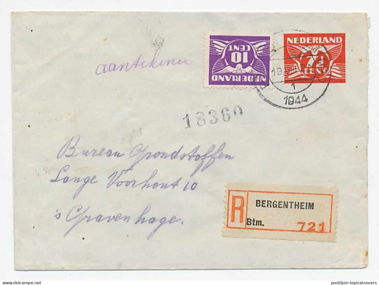 Em. Duif Aangetekend Bergentheim - Den Haag 1944 - Non Classificati