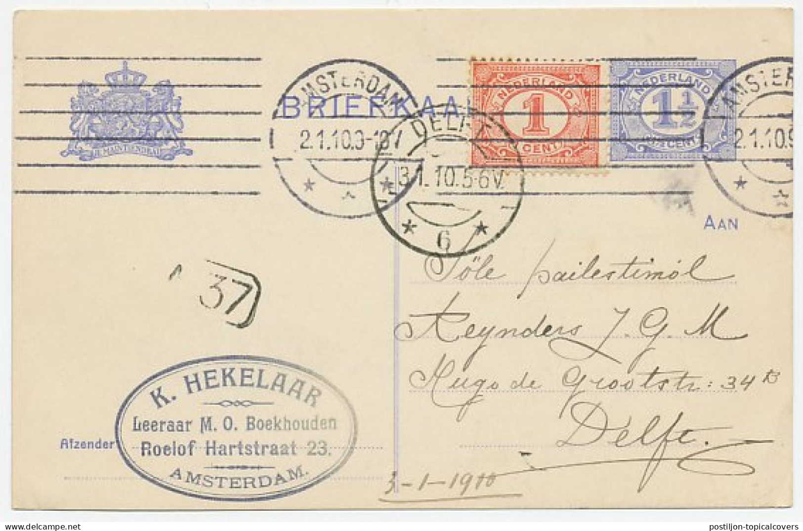 Briefkaart G. 78 I / Bijfrankering Amsterdam - Delft 1910 - Entiers Postaux