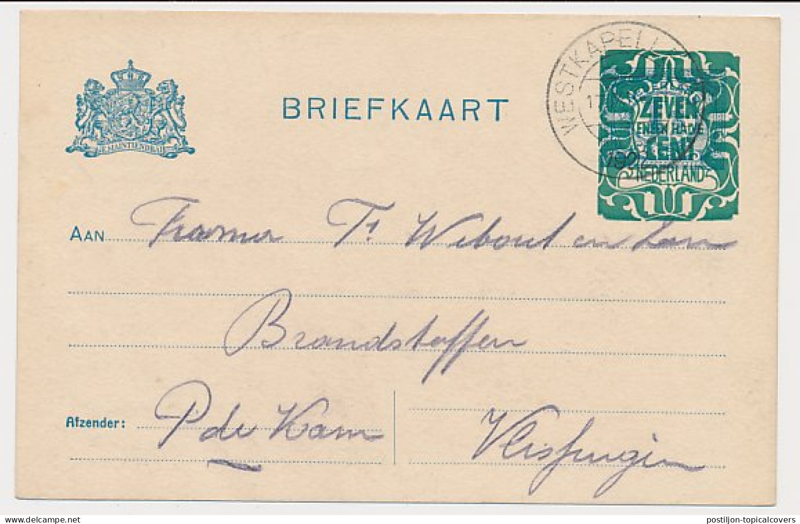 Briefkaart G. 163 II Westkapelle - Vlissingen 1922 - Postwaardestukken