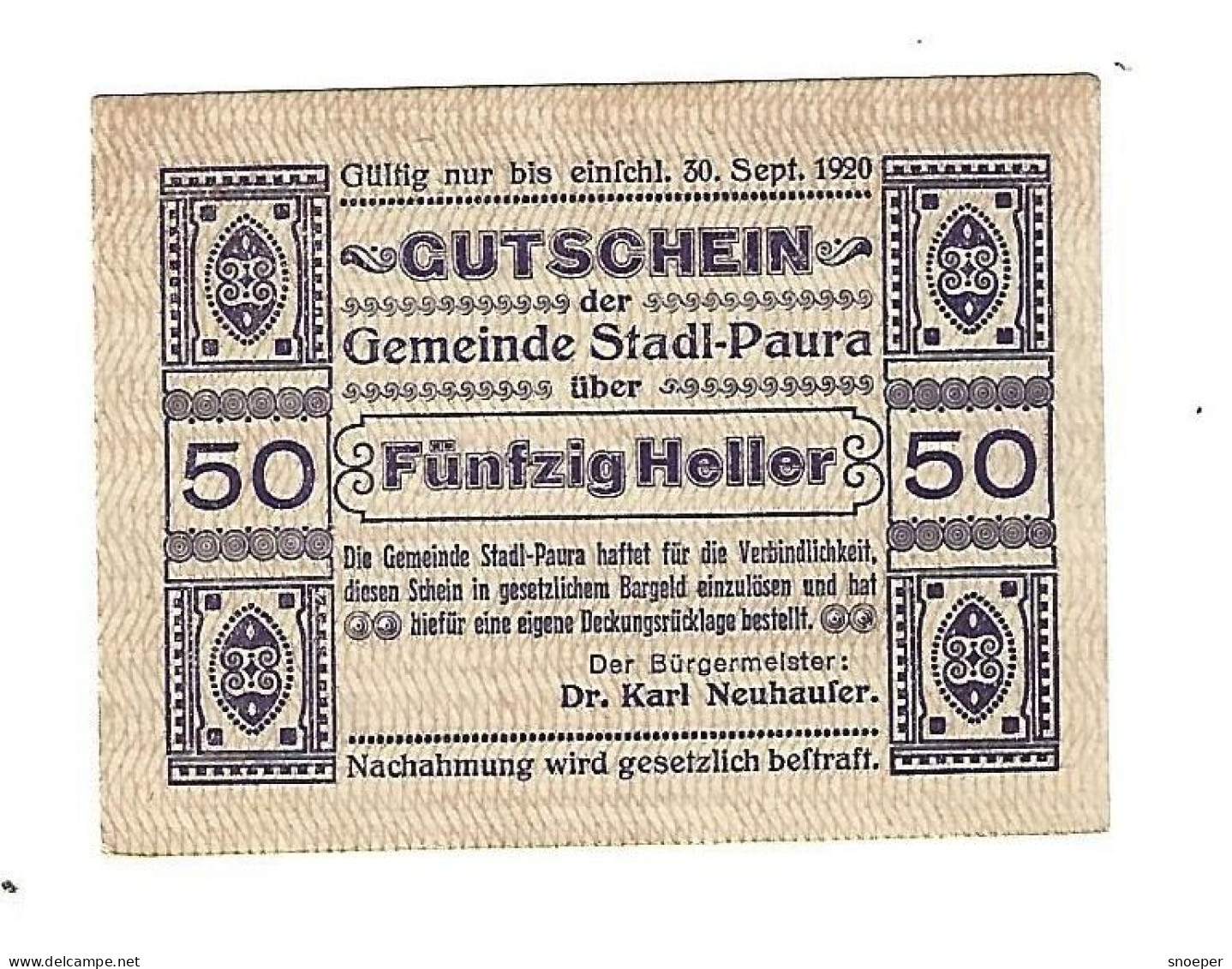 *notgeld   Austria Stadl-paura 50 Heller   1008.1a  Cat Val  1 Euro - Oostenrijk