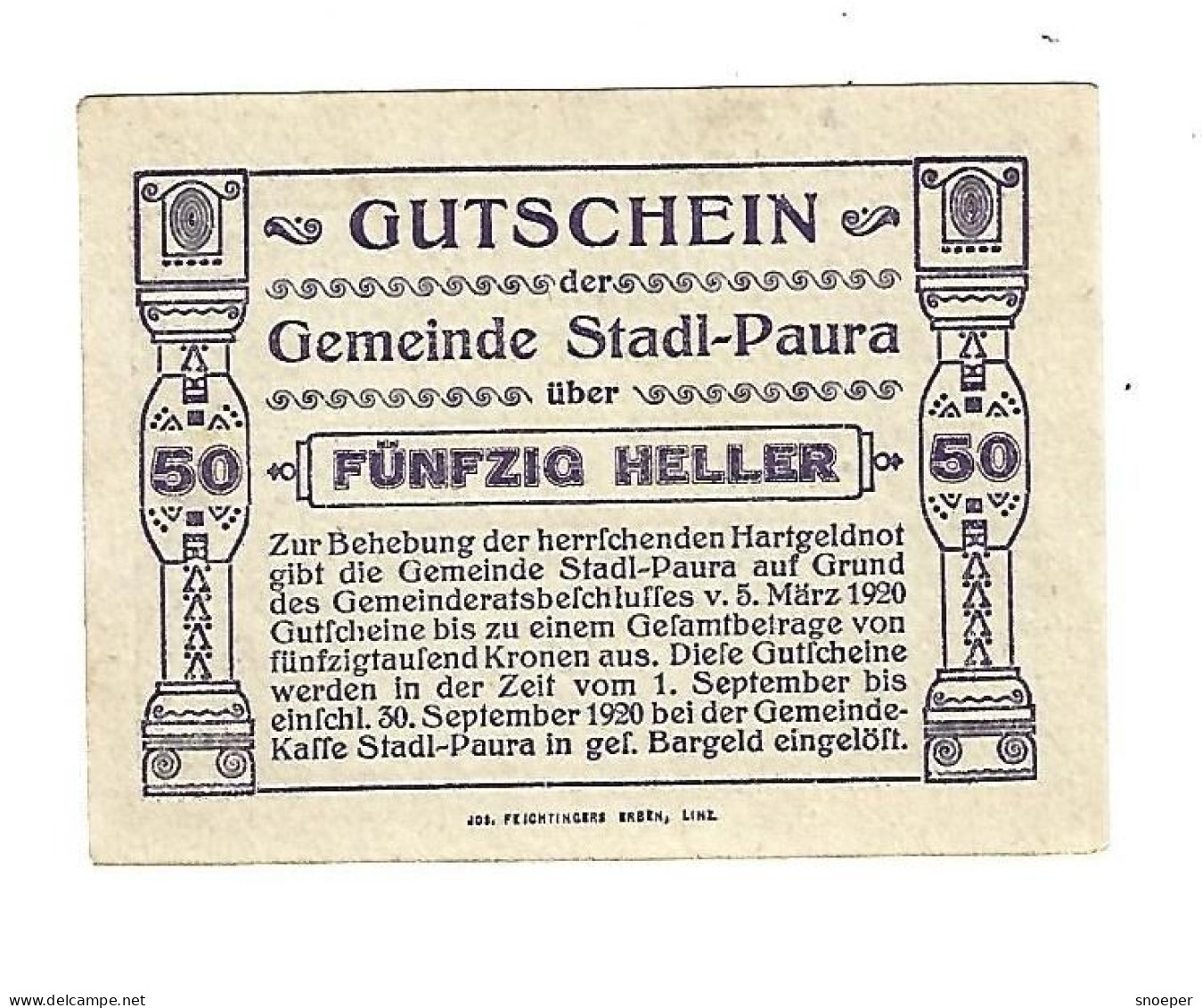 *notgeld   Austria Stadl-paura 50 Heller   1008.1a  Cat Val  1 Euro - Austria