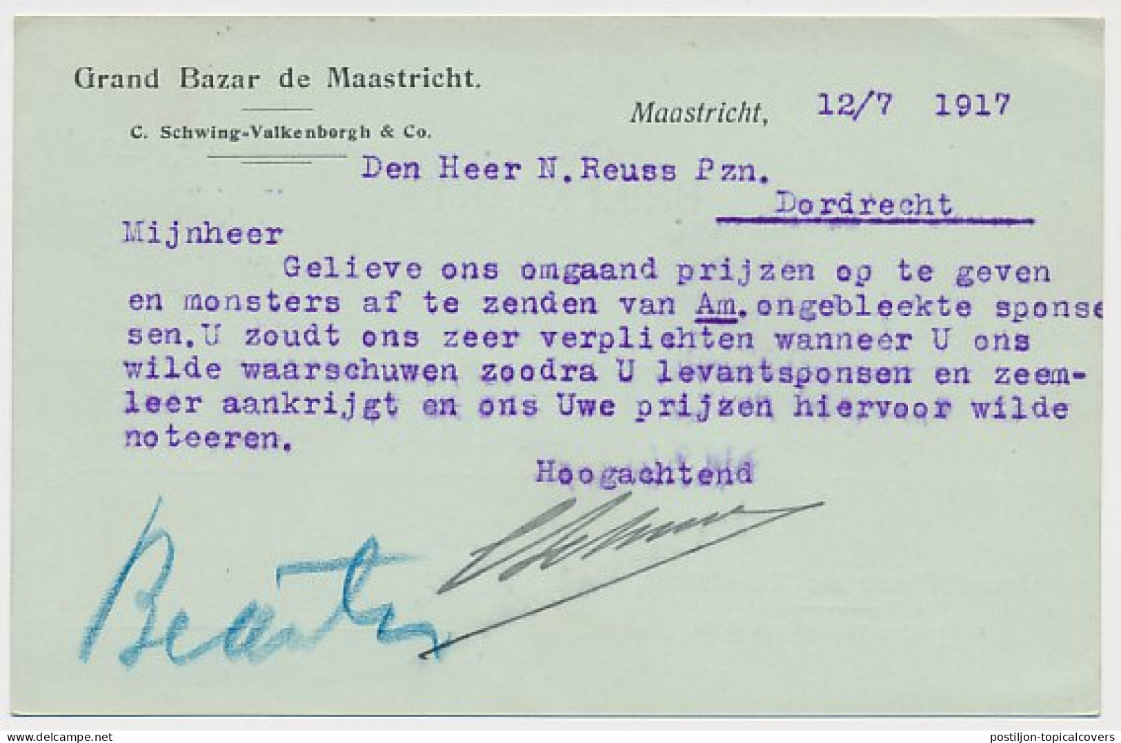 Firma Briefkaart Maastricht 1917 - Grand Bazar - Non Classés