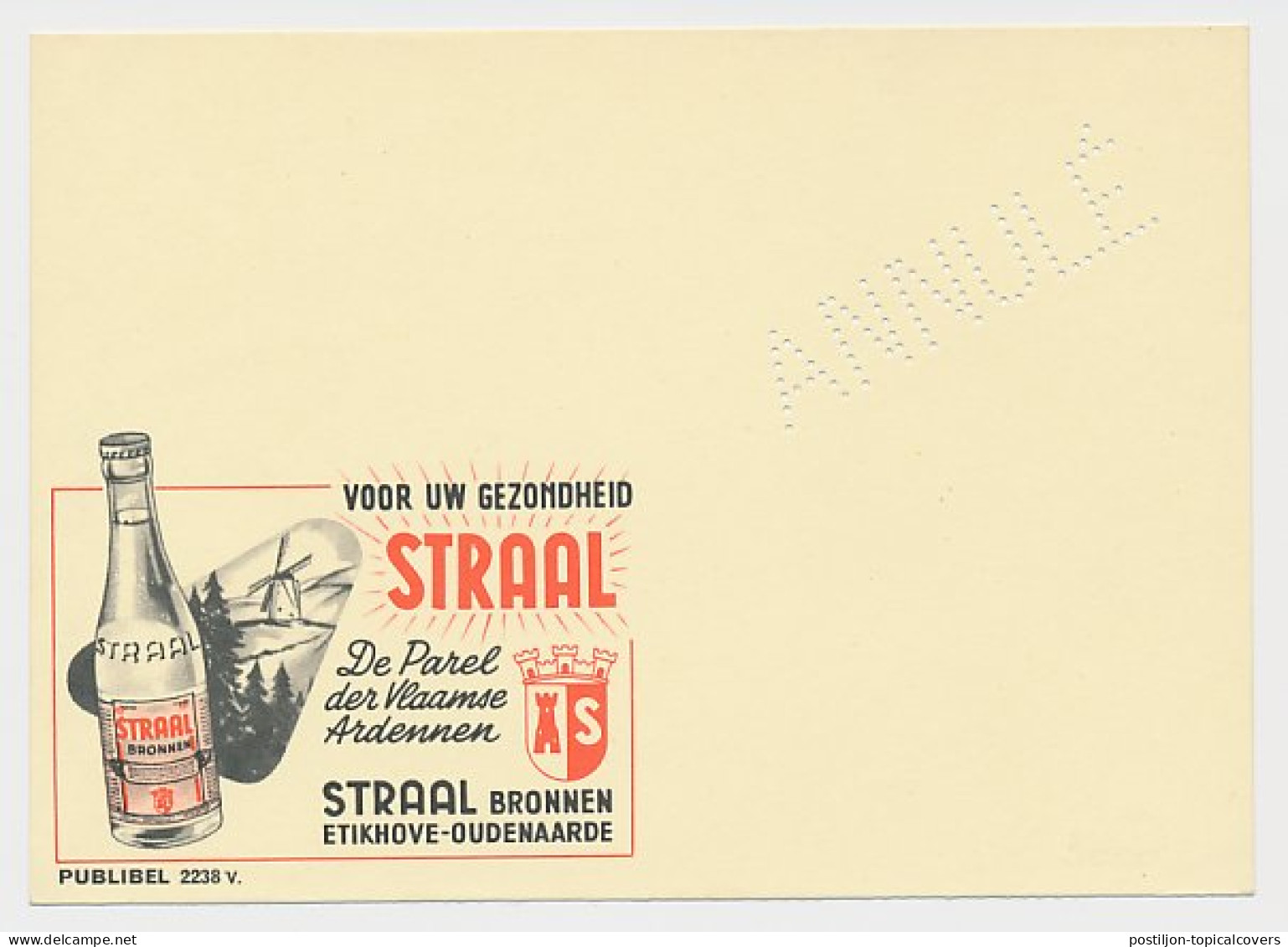 Essay / Proof Publibel Card Belgium 1966 - Perforated ANNULE Windmill - Mineral Water - Mühlen